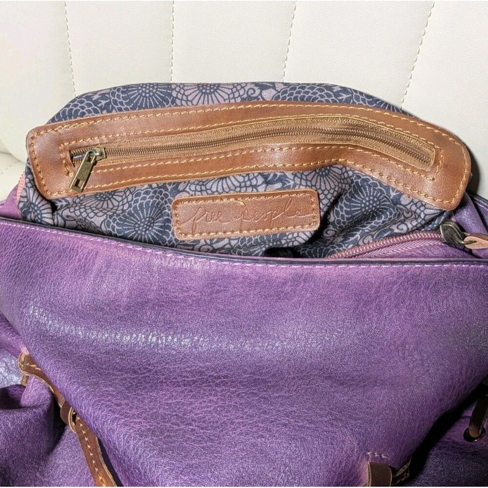 Free People Purse Boho Purple Brown Leather Shoulder Bag Adjus Straps Tassels - Picture 4 of 6